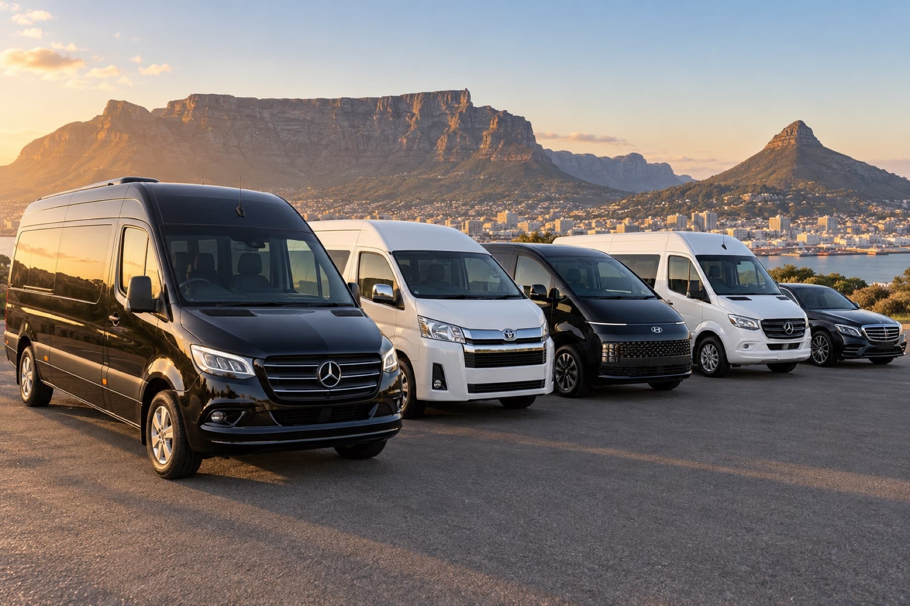 A fleet of shuttle vans and a sedan parked in front of Table Mountain, Cape Town